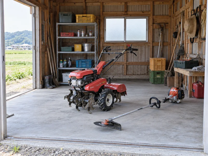 納屋に保管された農機具や道具の全景