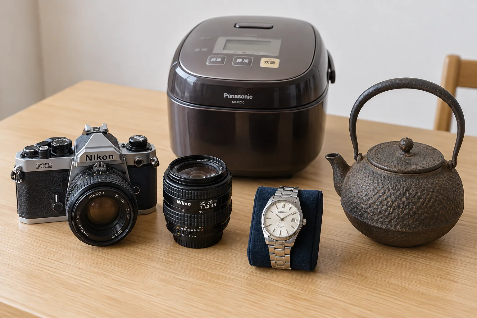 炊飯器・フィルムカメラ・交換レンズ・腕時計・鉄瓶をそろえた品物