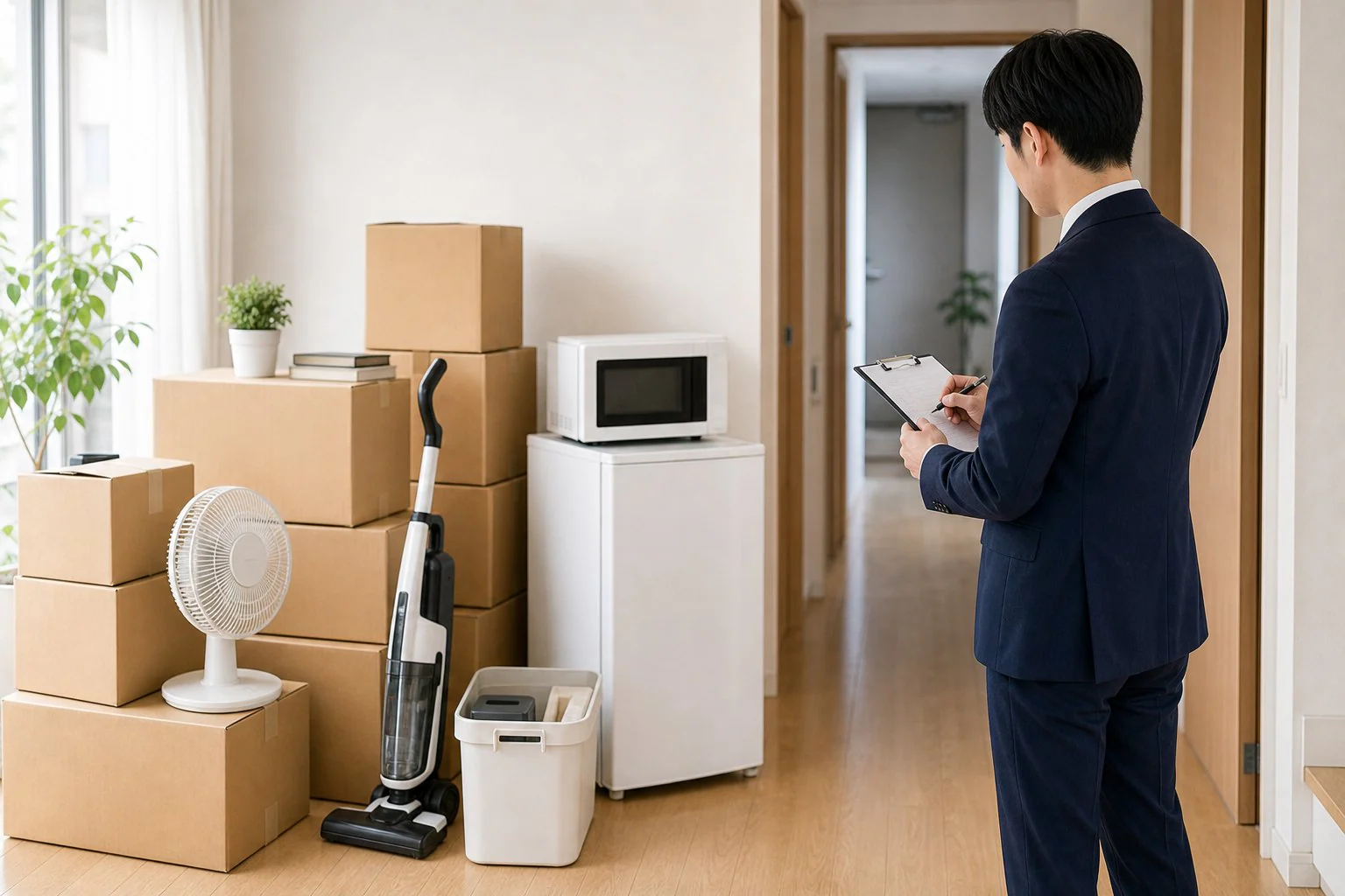 退去前の部屋で搬出経路と小型家電を確認する査定員のイメージ