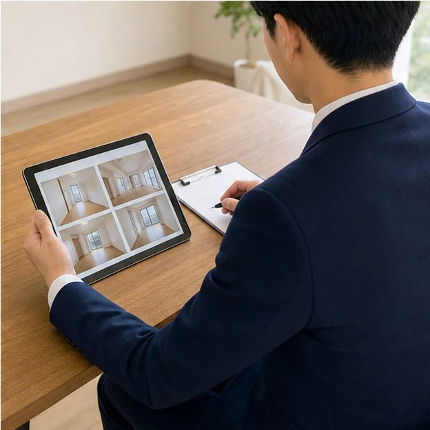 タブレットで室内写真を確認しながら査定メモを書くイメージ