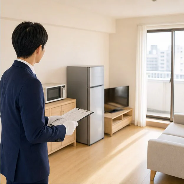退去後の室内で家電や家具を確認するイメージ