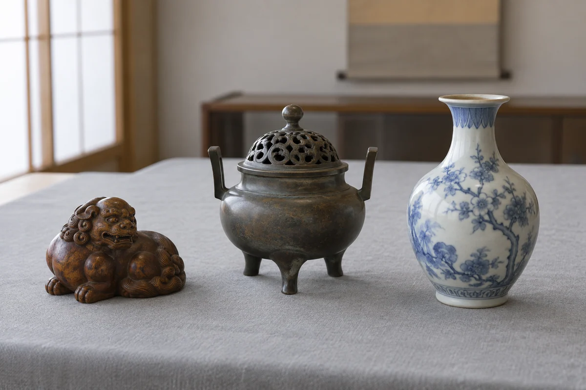 木彫の置物・金属製の香炉・陶磁器の花器