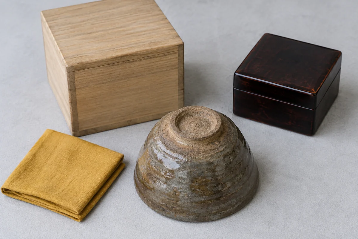 茶碗の底面と木の保管箱、包み布、漆塗りの箱