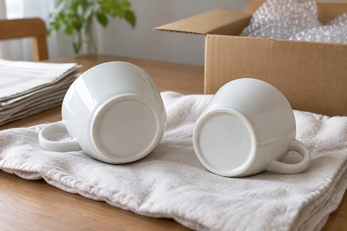 底面を確認する磁器のカップ