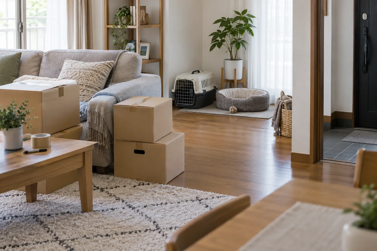 ペット用品と荷物を離して置いた室内
