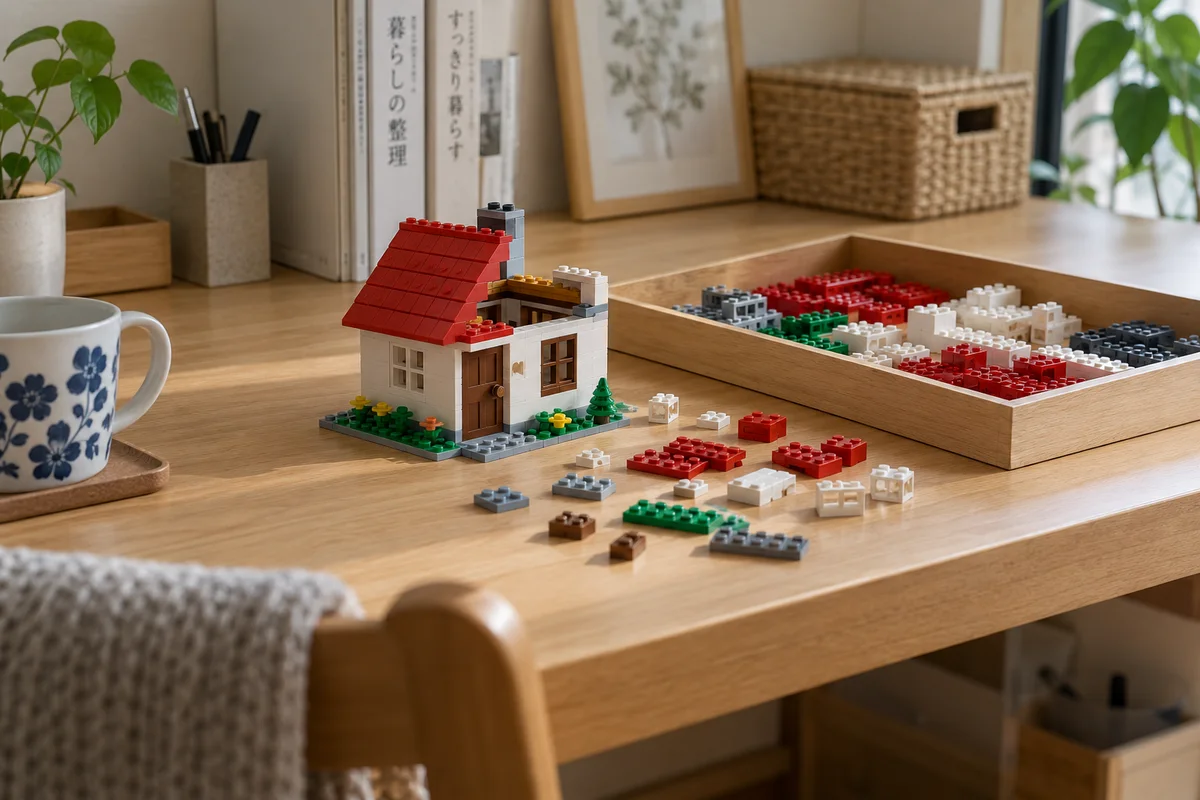 組立途中のブロック作品