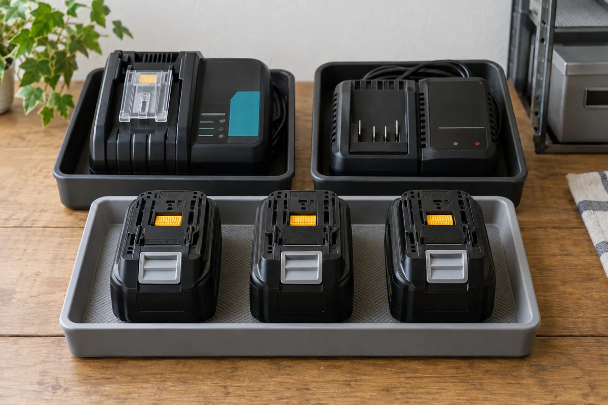 種類別に分けた電池パックと充電器