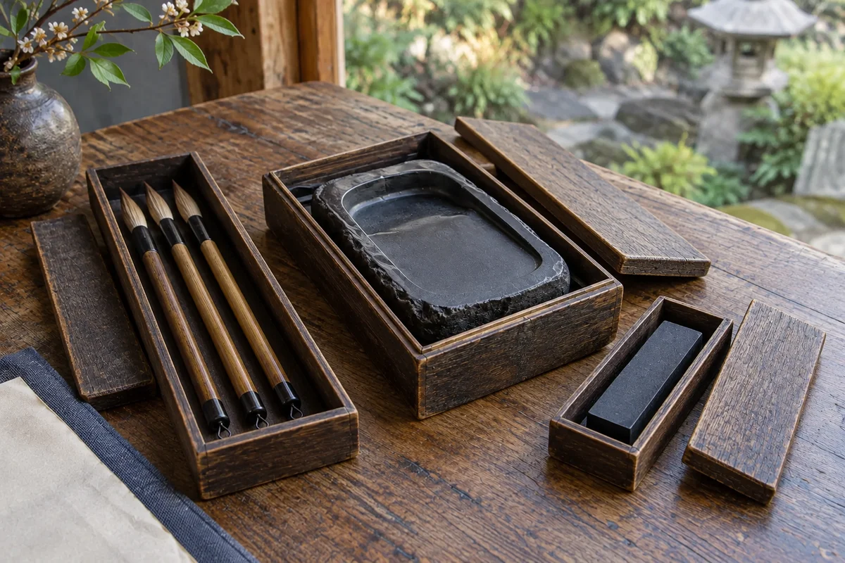 硯・墨・筆と保管・付属品の組合せ