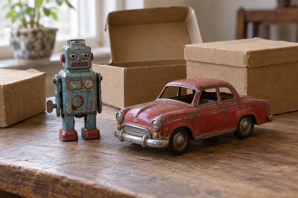 箱と一緒に並べたブリキの車とロボット