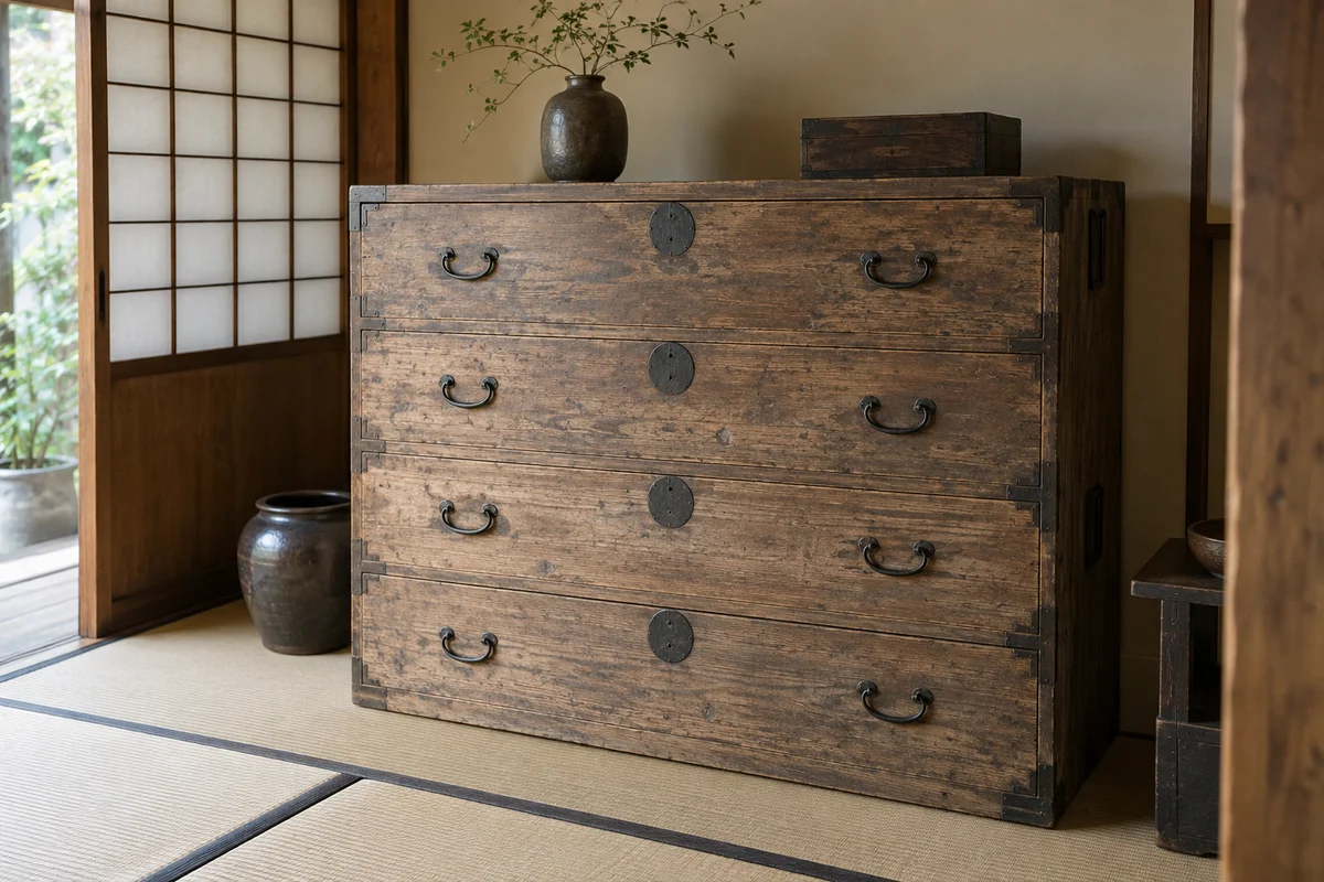 引き出しと金具が付いた和箪笥