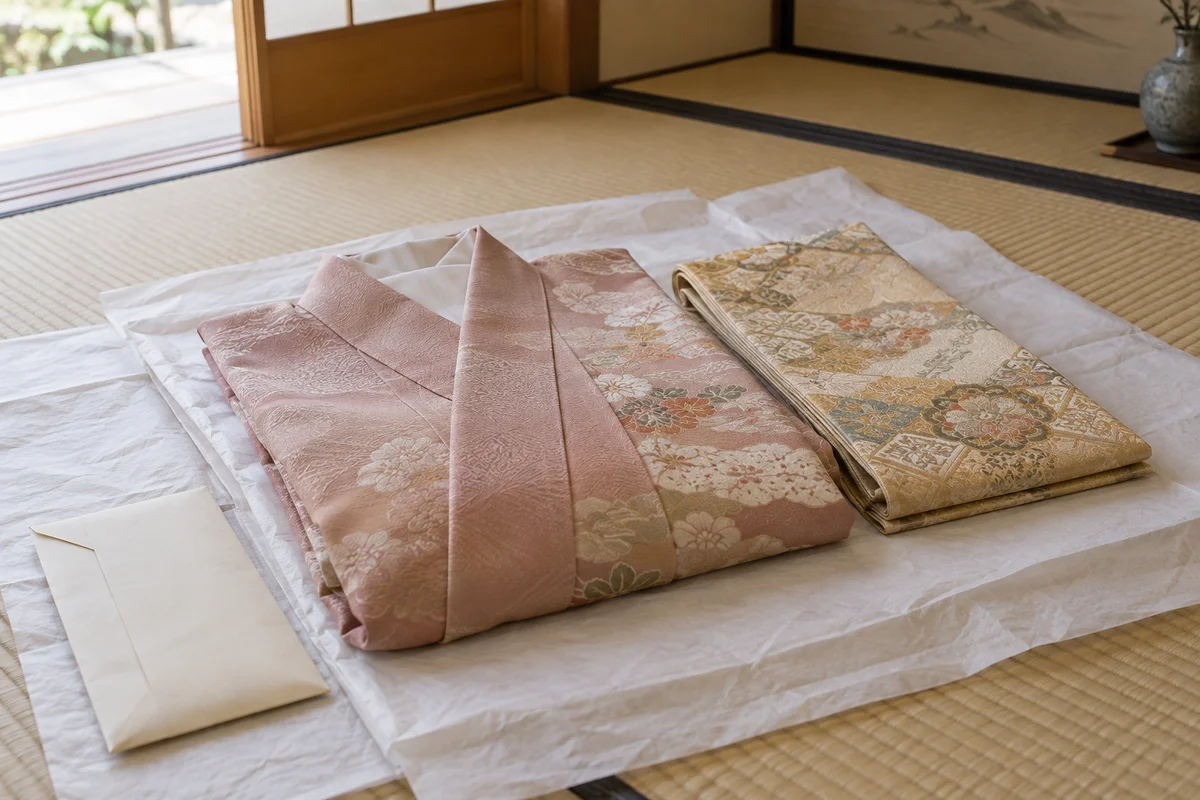和紙の上に畳んだ着物と帯