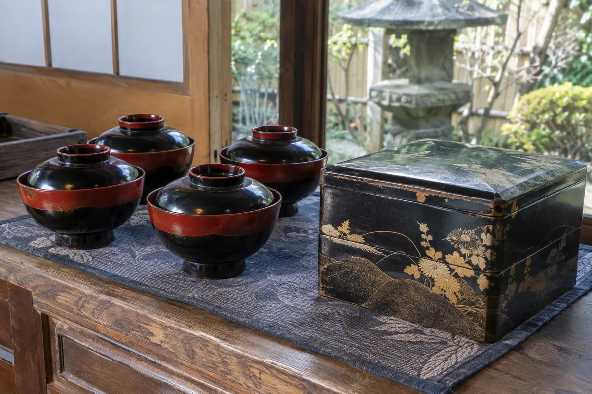 蓋付きの漆器と蒔絵の箱