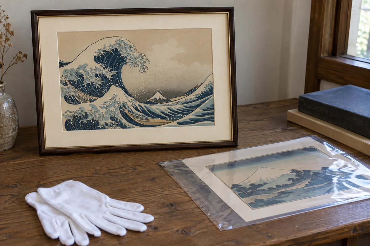 額に入れた版画と保管袋に収めた作品