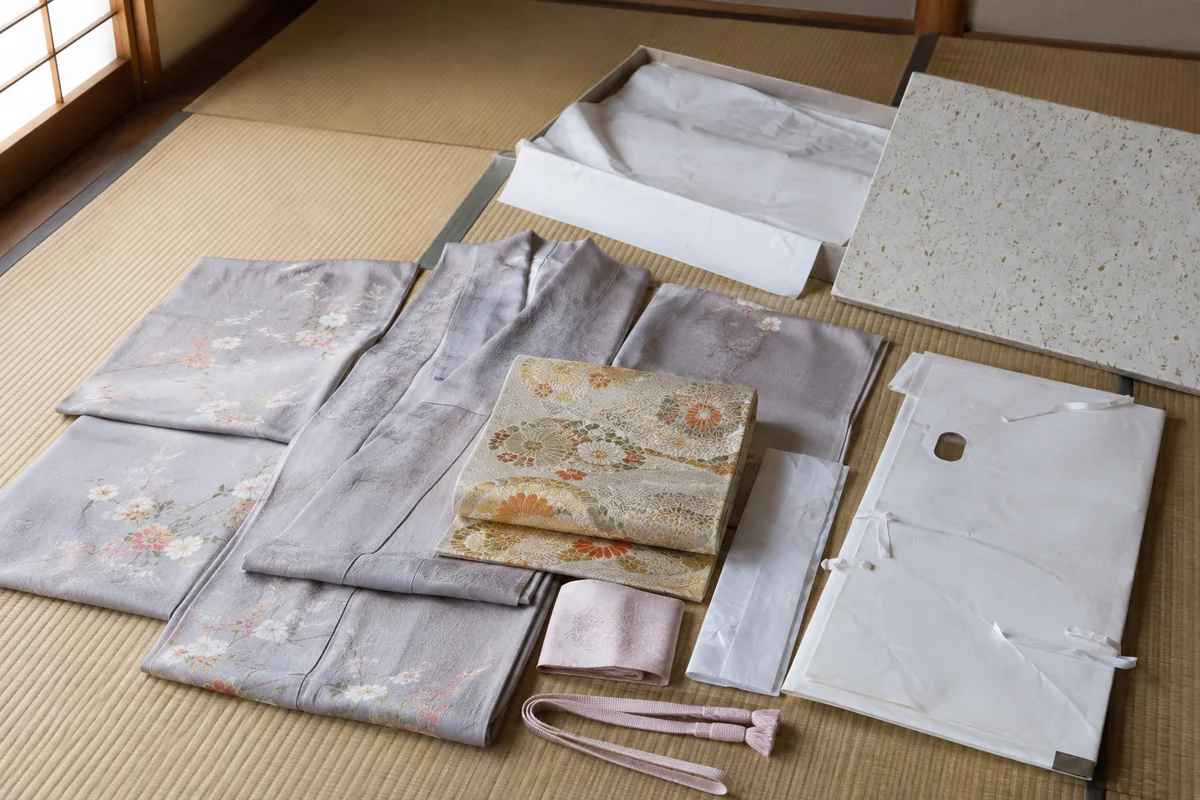 畳んだ着物と帯、保管用の包みの確認