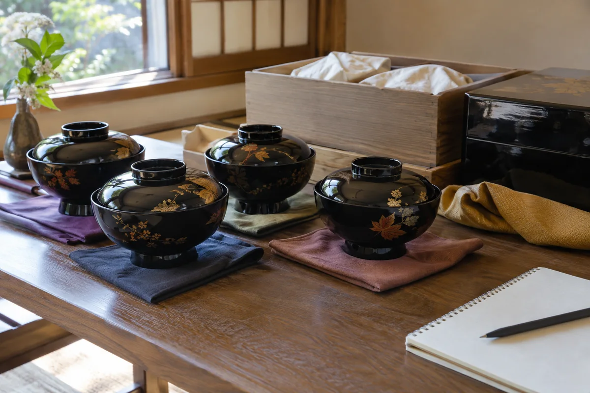 漆器の椀と蓋の組の保管準備