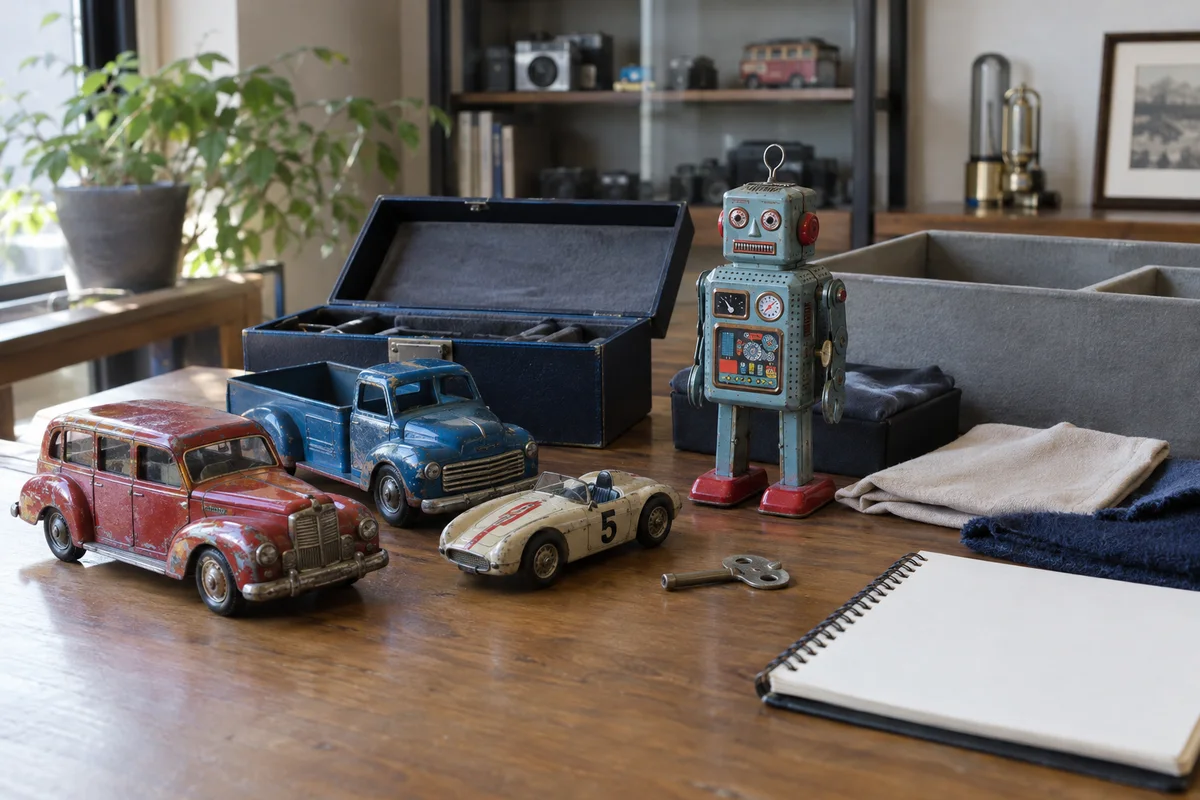 古いブリキの車とロボットのおもちゃの保管準備