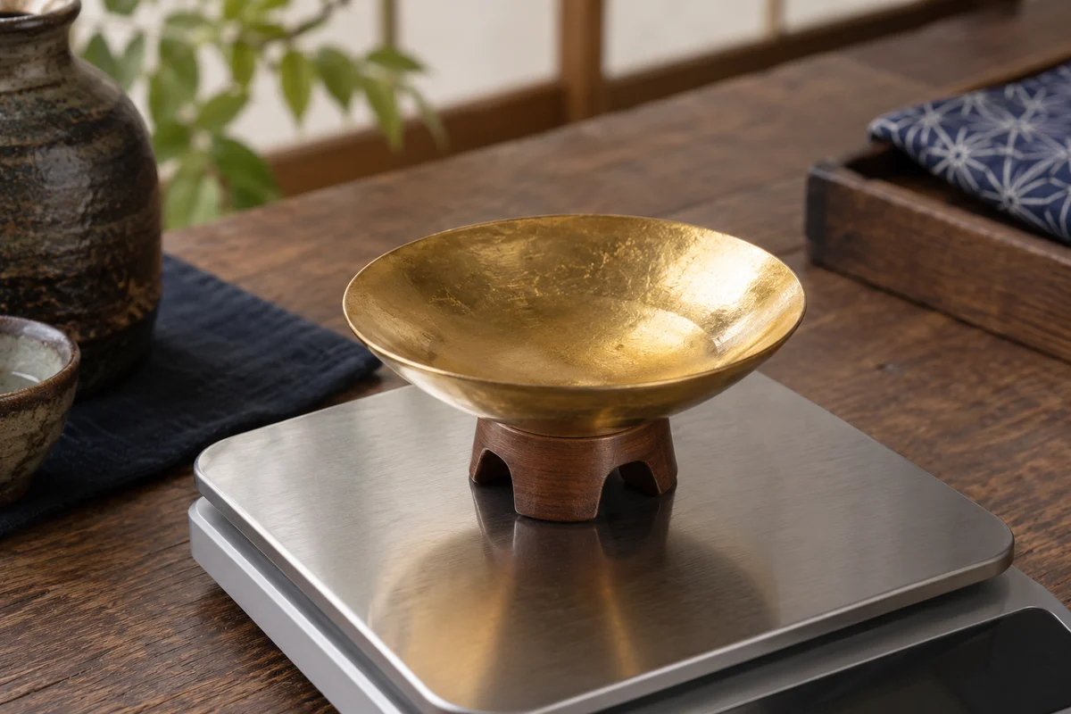秤の皿に置いた金色の杯