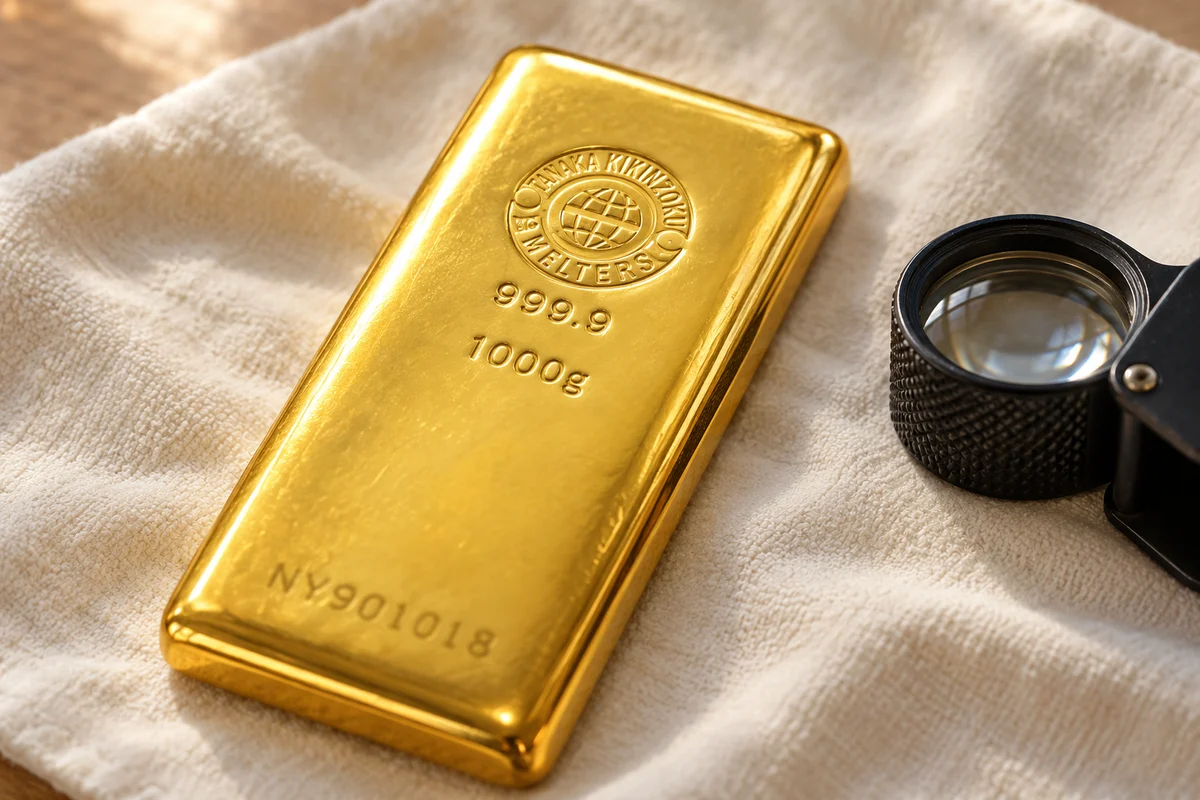 ルーペと並べた金色の地金
