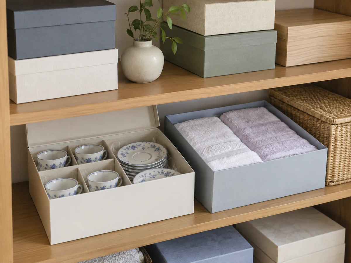 棚に並ぶ贈答品の箱とカップ、タオル