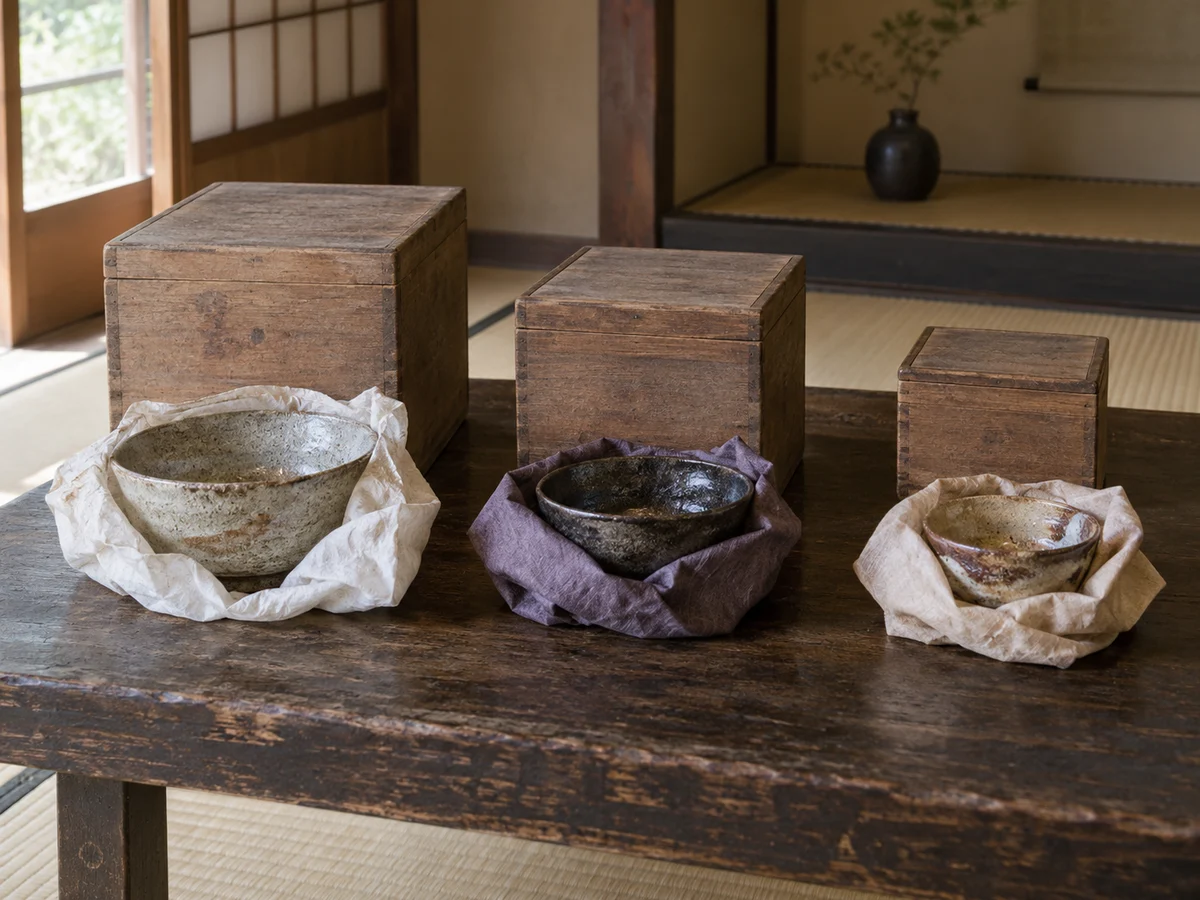 木箱と陶器を組ごとに分けて置いた様子