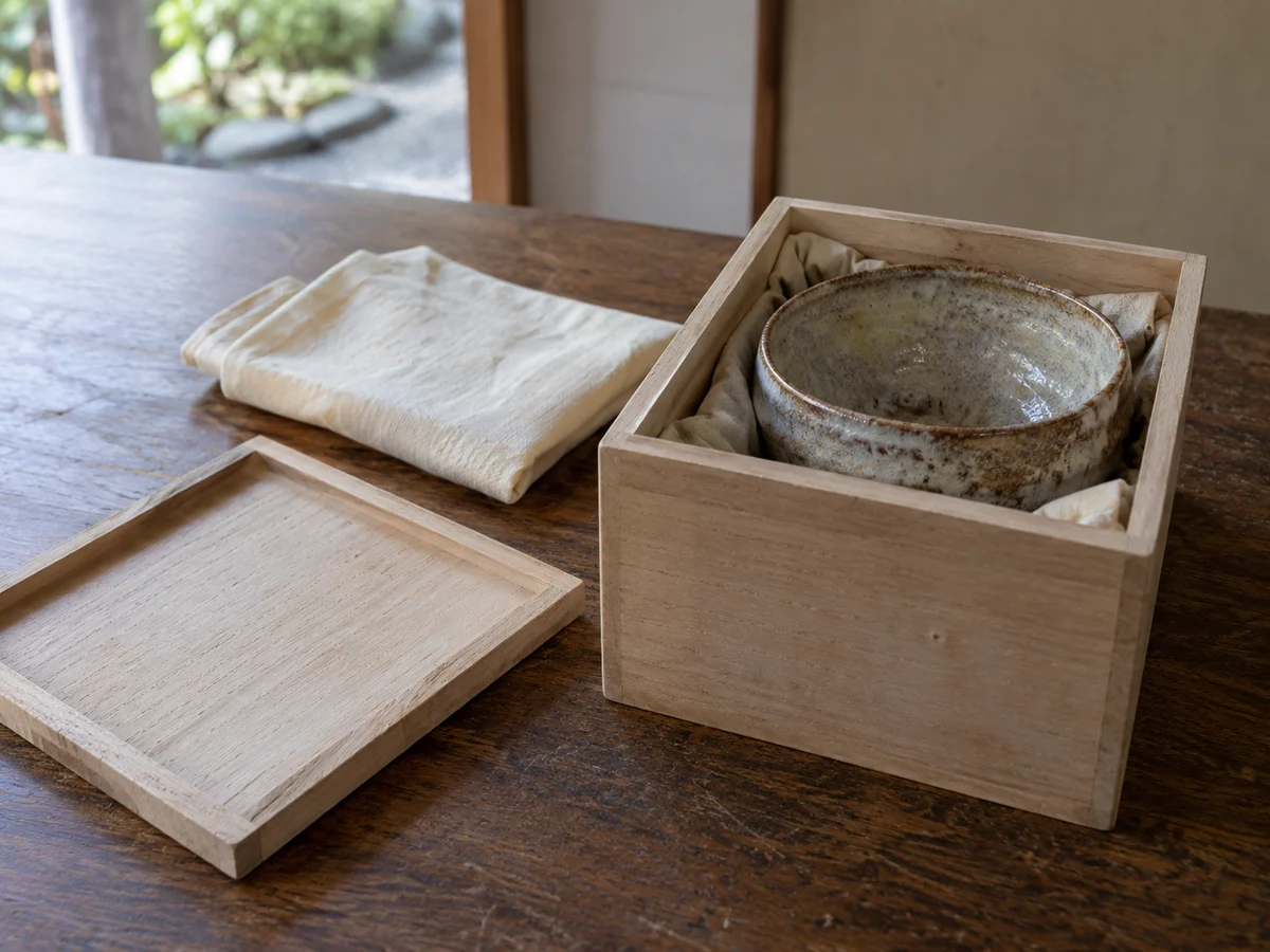 木箱に収めた茶碗と包み布、蓋