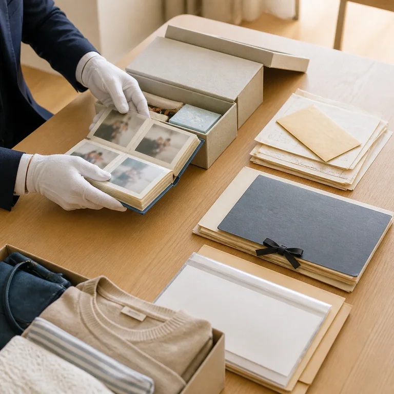 家族のアルバムや書類を、ほかの家財と分けて確認する様子