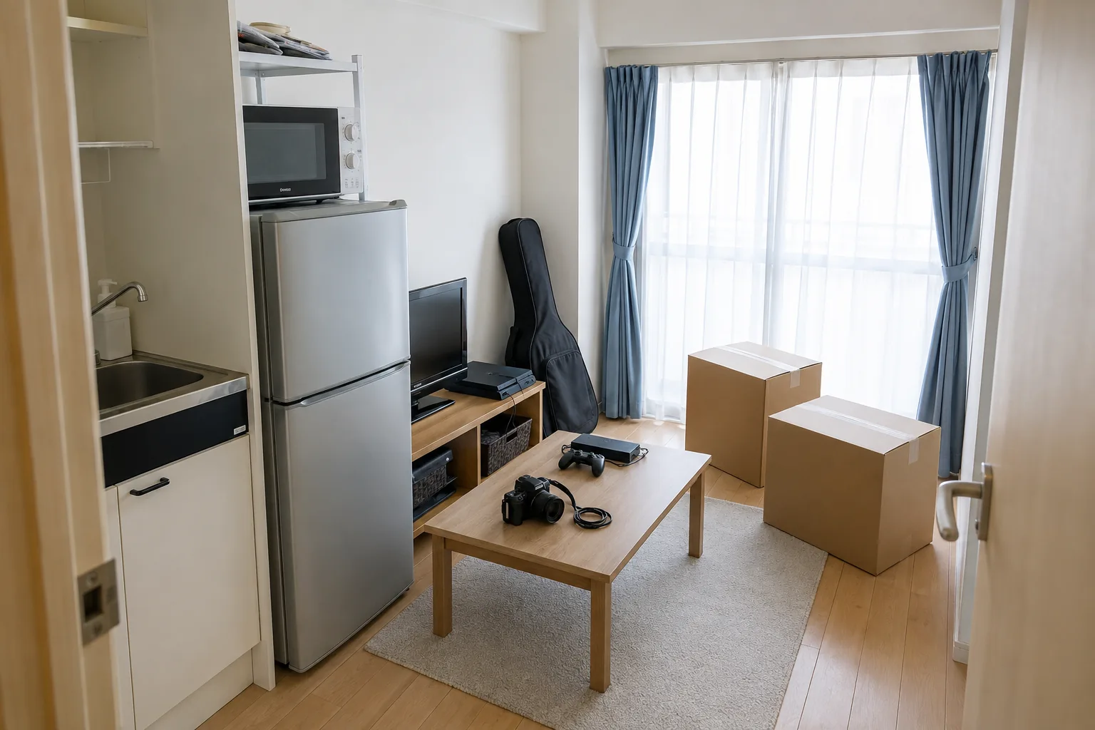 家電と趣味用品が置かれた引越し前の部屋