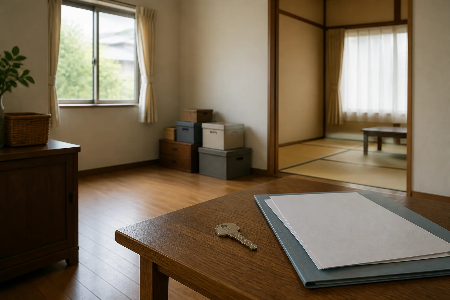 家財の残る住まいと、机に置いた鍵・書類